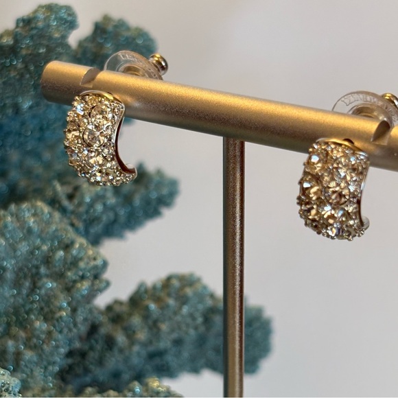 Authentic Stamped Swarovski Pave Clear Crystals Rhodium Plated Huggie Earrings - Picture 7 of 14